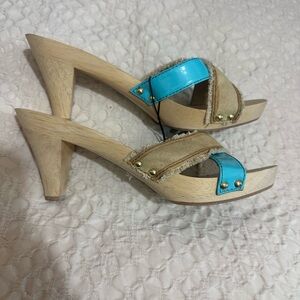 Tosca blu wood sandals heels 38 turquoise blue patent leather tan canvas Italy
